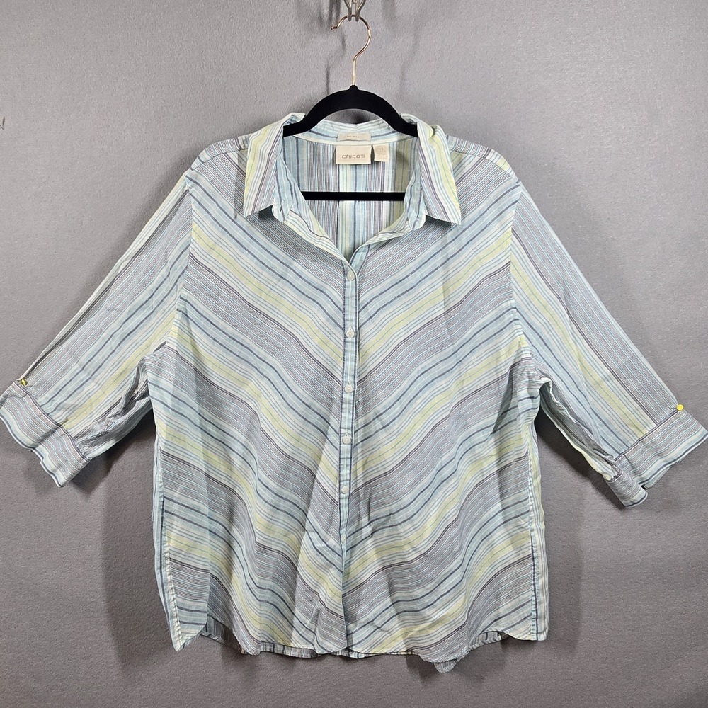Chicos Shirt Womens‎ 4 Striped Linen No Iron Button Up Lagenlook Coastel